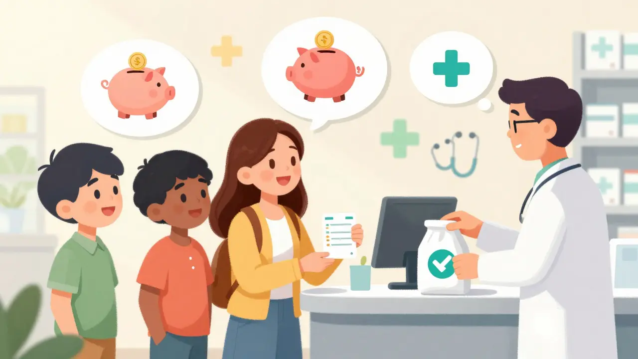 Happy family receiving medication at a pharmacy counter with savings symbols.