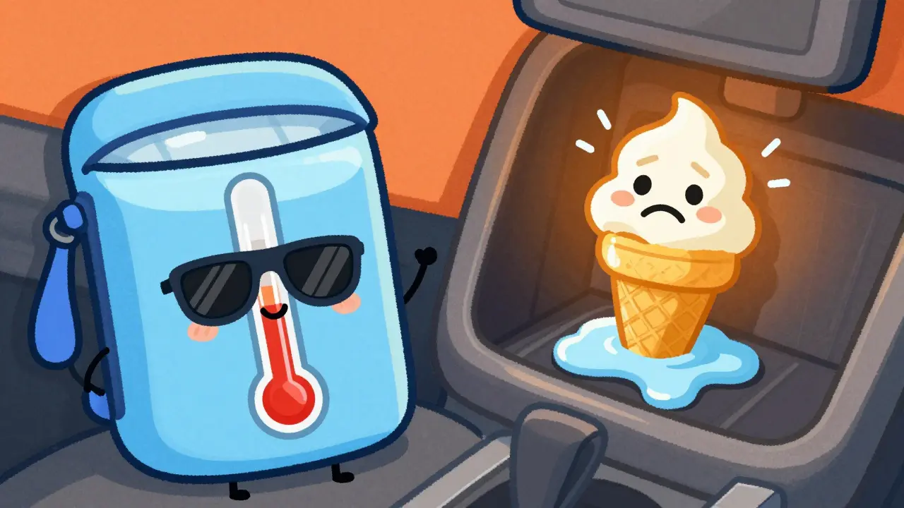 Illustration comparing cool safe medication storage vs hot car interior