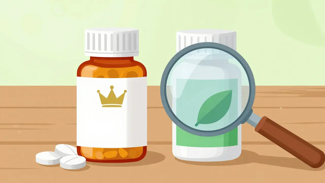 Illustration comparing generic and brand-name medicine bottles with identical pills