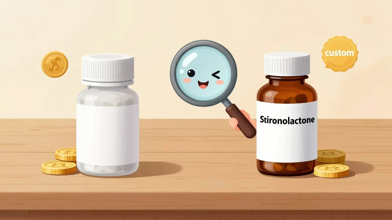 Illustration comparing generic and compounded medicine bottles on a table.