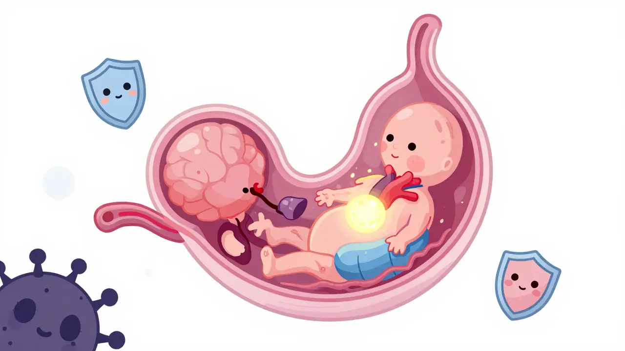 Illustration of developing embryo organs with protective shields against toxins