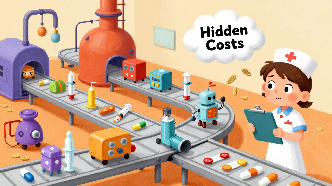 Nurse looking at complex drug devices like inhalers on a conveyor belt