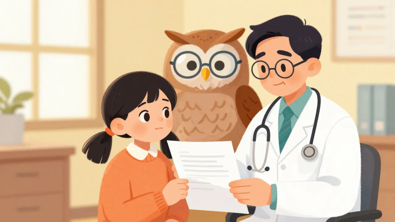 Patient and doctor submitting a request to a friendly owl insurer.