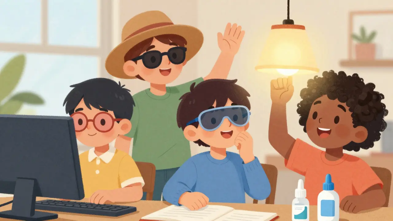 People using tinted glasses and hats to protect eyes from sensitive light.