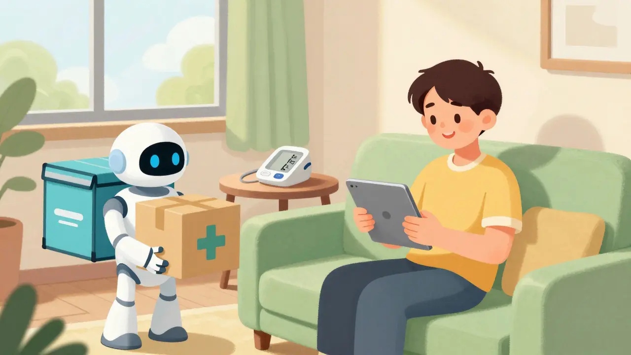 Person receiving medication delivery at home via tablet in a cozy room
