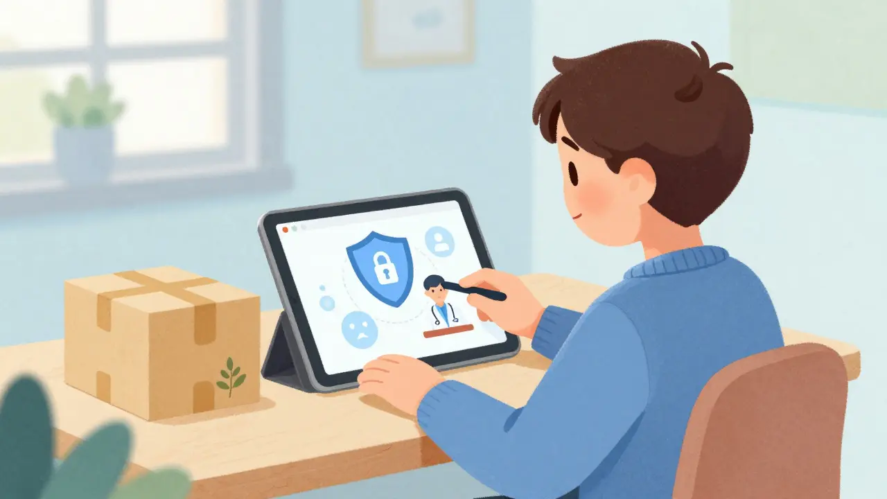 Person using tablet for safe online pharmacy consultation with discreet package