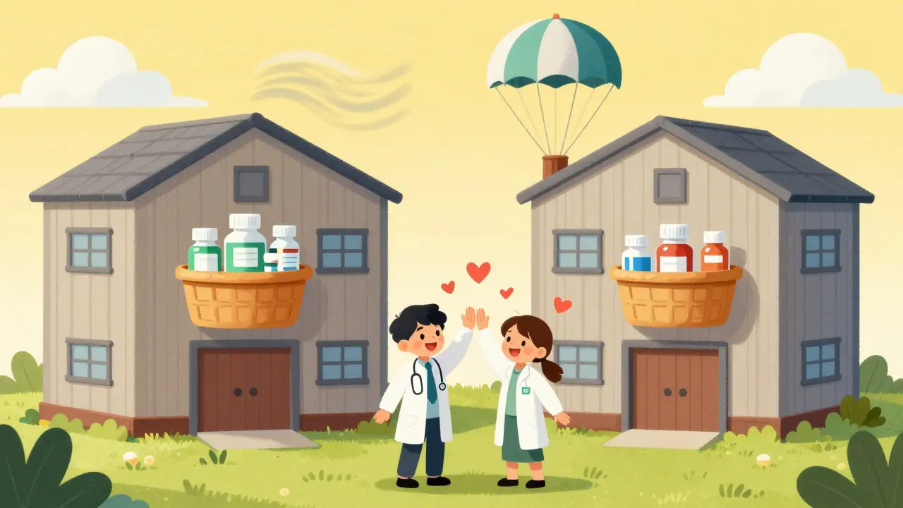 Two secure warehouses holding medicine supplies against windy weather