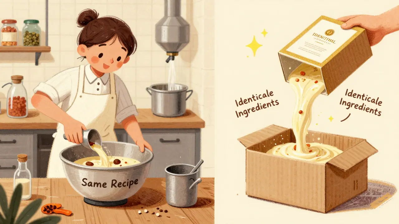 Whimsical drawing showing identical drug ingredients going into different packages.