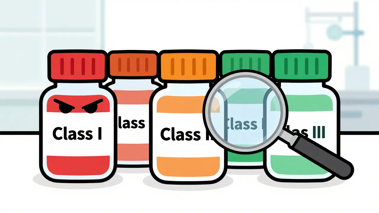 Cartoon medicine bottles grouped by recall class severity