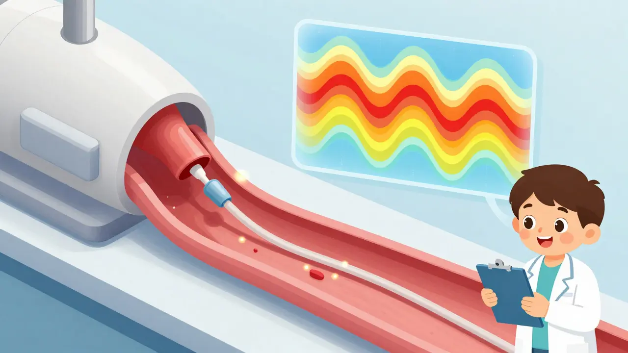 Cartoon showing a manometry catheter creating a color-coded pressure map
