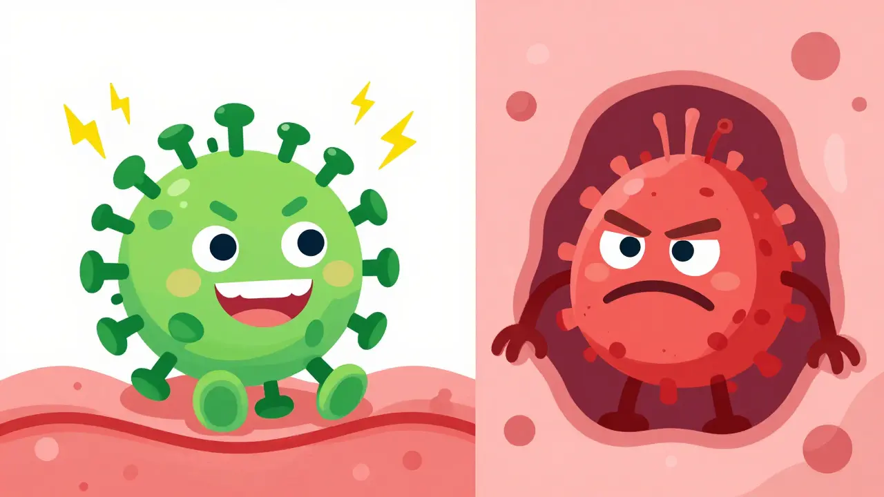 Cartoon virus on a lip versus bacteria in a pore, illustrating causes.