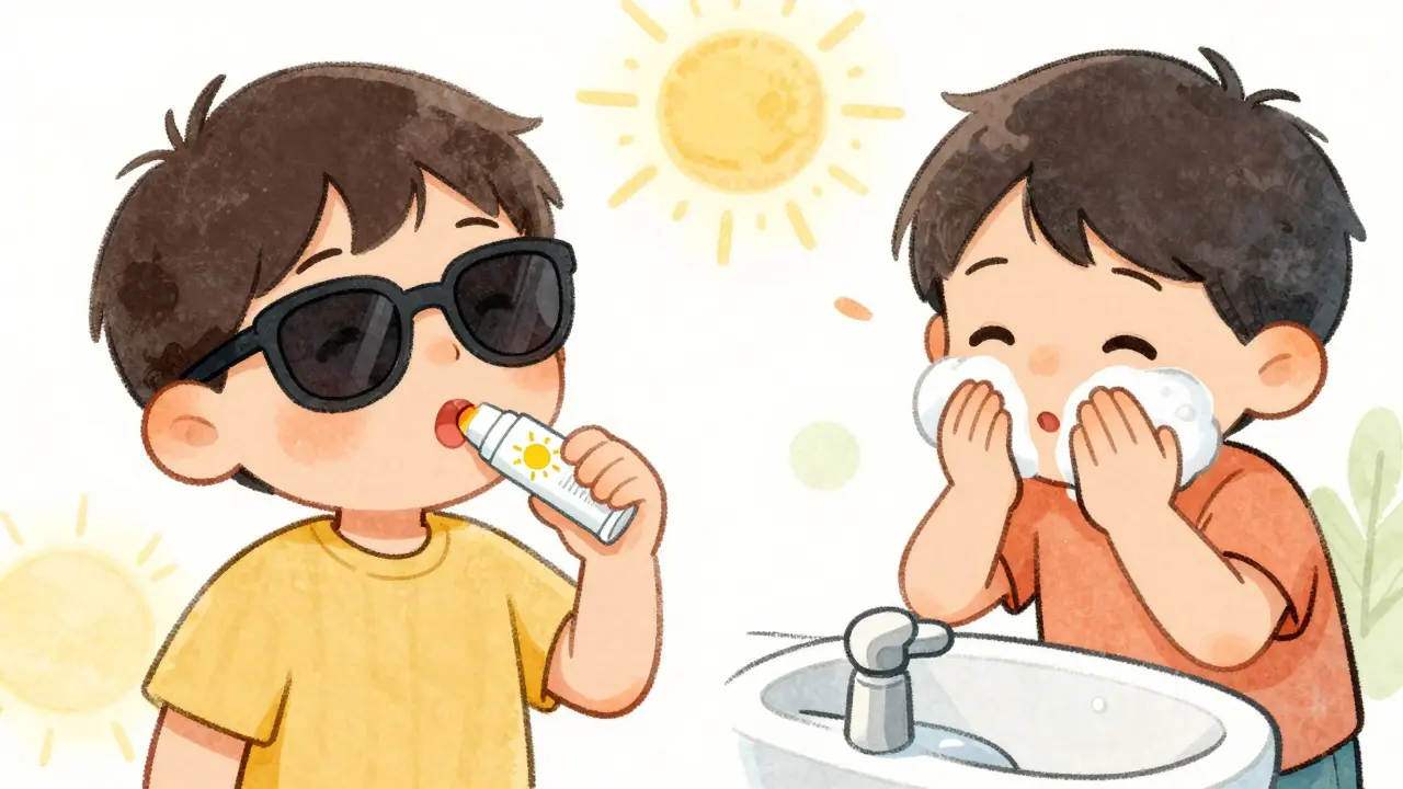 Child applying SPF lip balm and washing face for skin prevention.