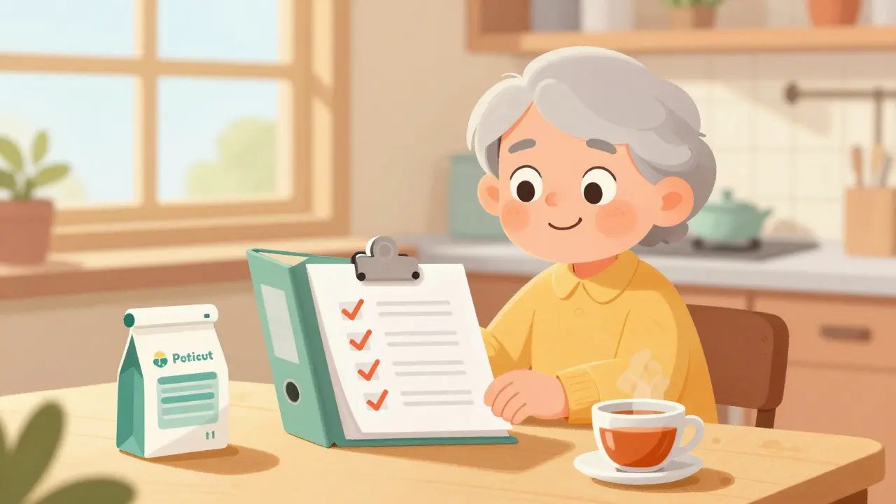 Elderly person smiling with an organized medication list and pharmacy bag