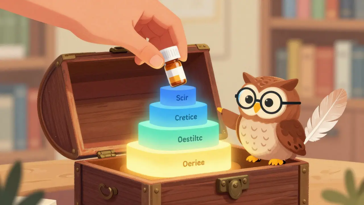 Hand placing a pill bottle into a tiered chest showing drug cost levels.