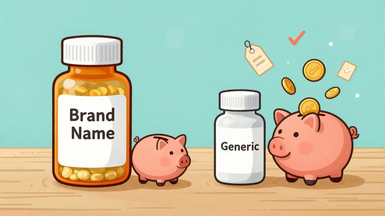 Illustration comparing expensive brand-name pills with affordable generic options.