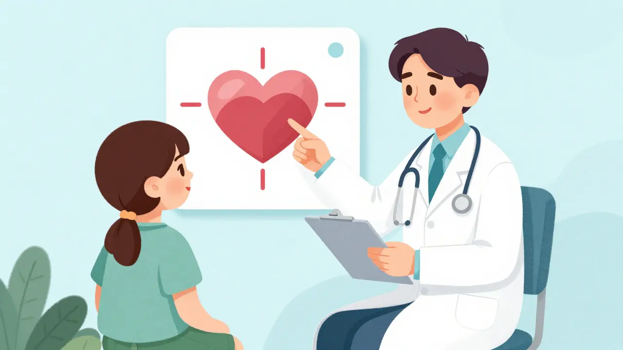 Illustration of a doctor explaining medication safety and side effects to a patient.