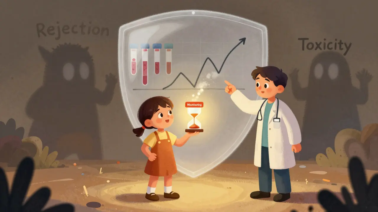 Illustration of a patient and doctor monitoring health to prevent organ rejection