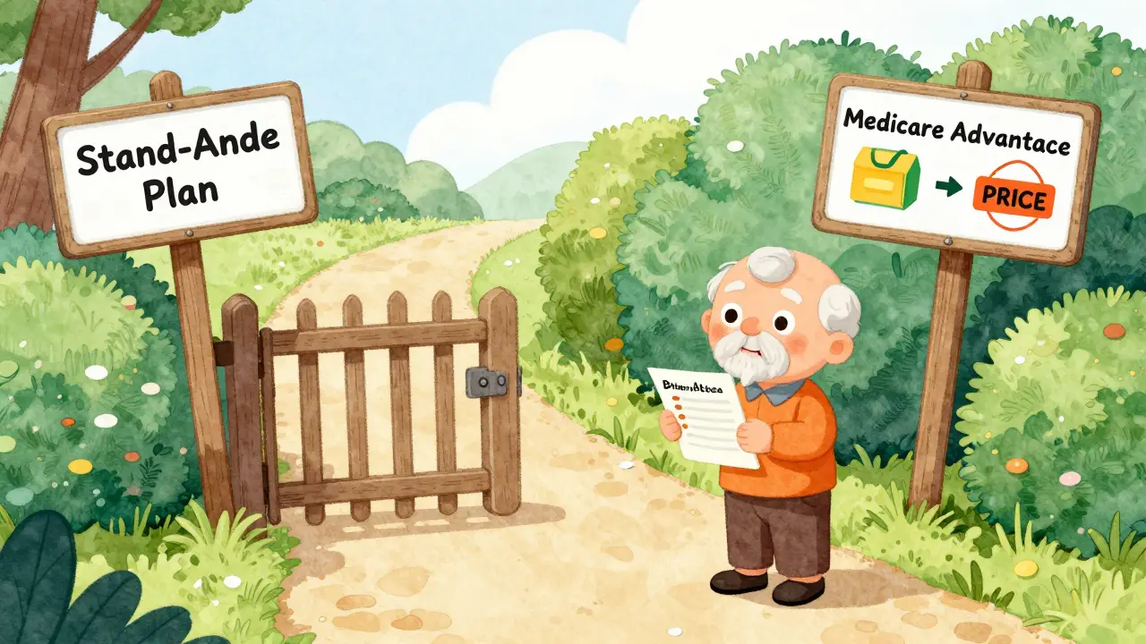 Illustration of a senior choosing between stand-alone and bundled Medicare plans.