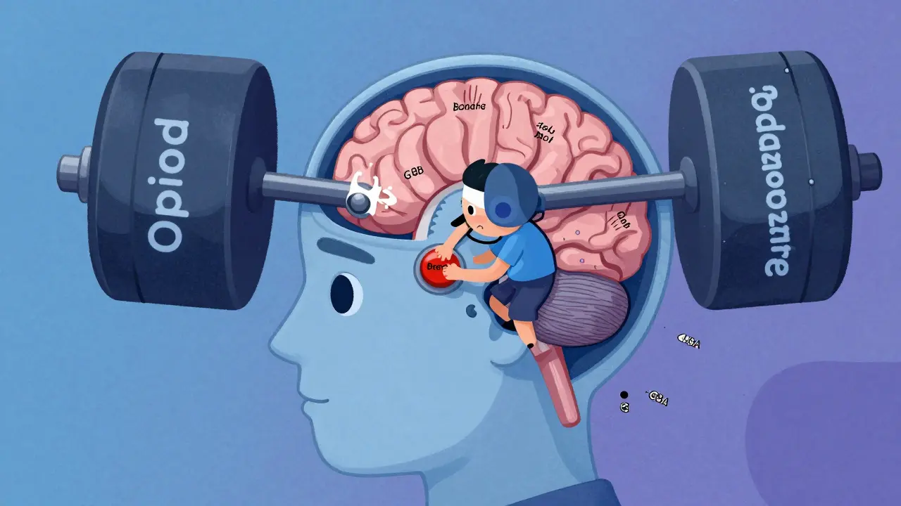 Illustration of brain mechanics showing sedatives suppressing breathing controls