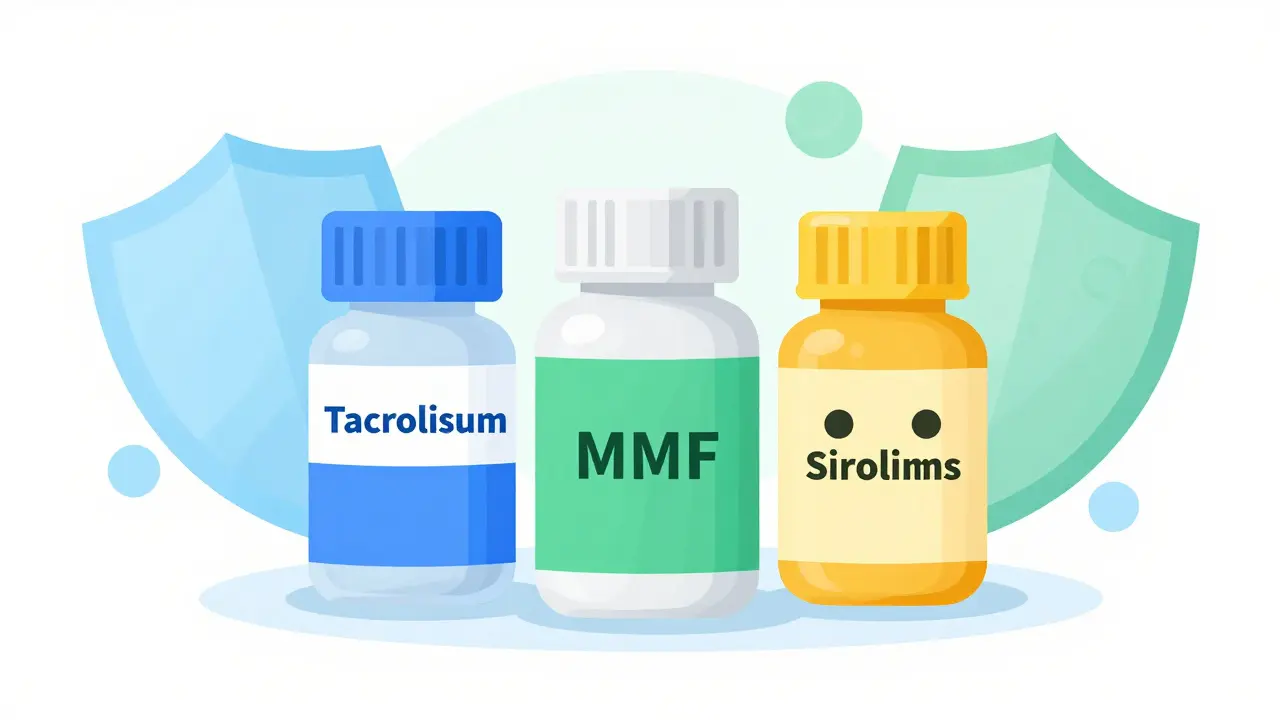 Illustration of three generic transplant drug bottles surrounded by protective shields