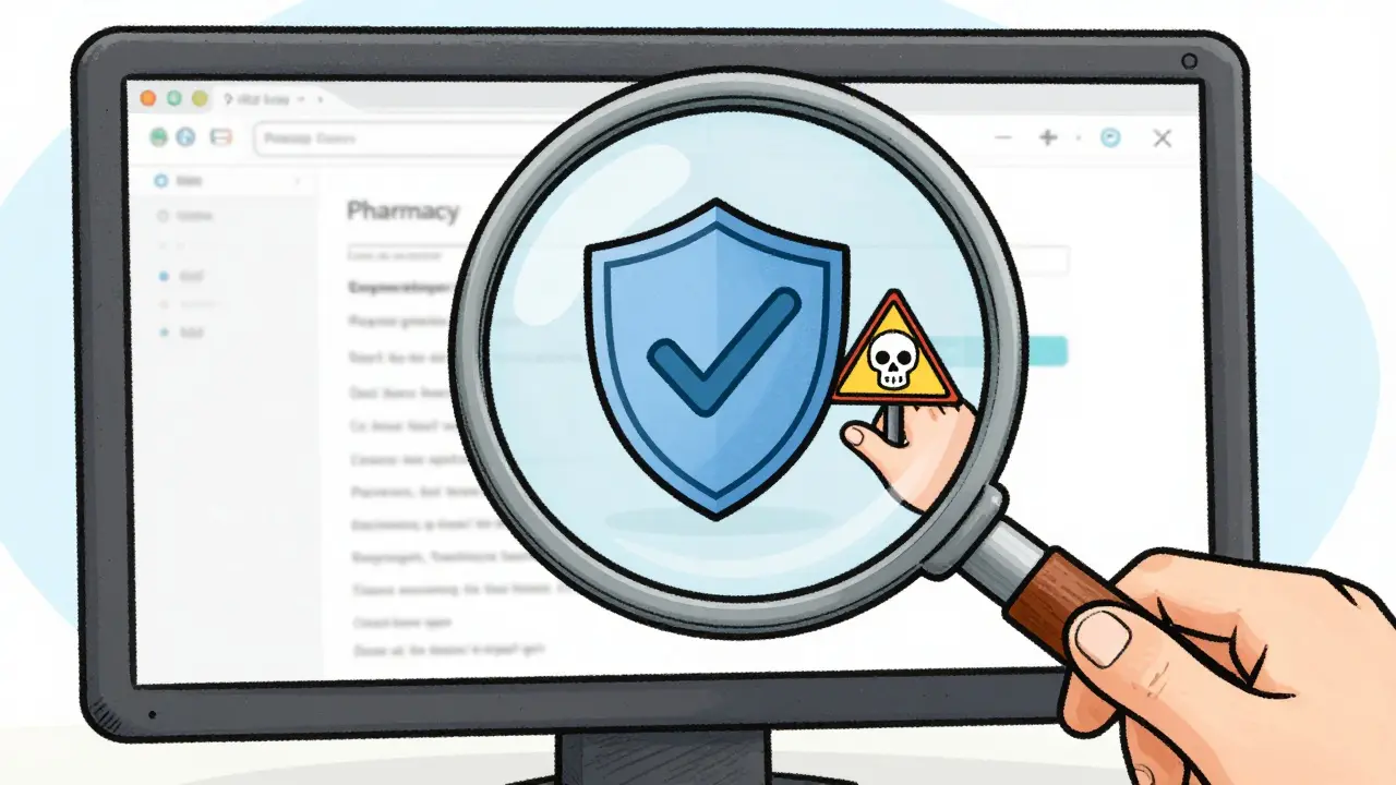 Illustration showing a magnifying glass verifying a safe online pharmacy website.