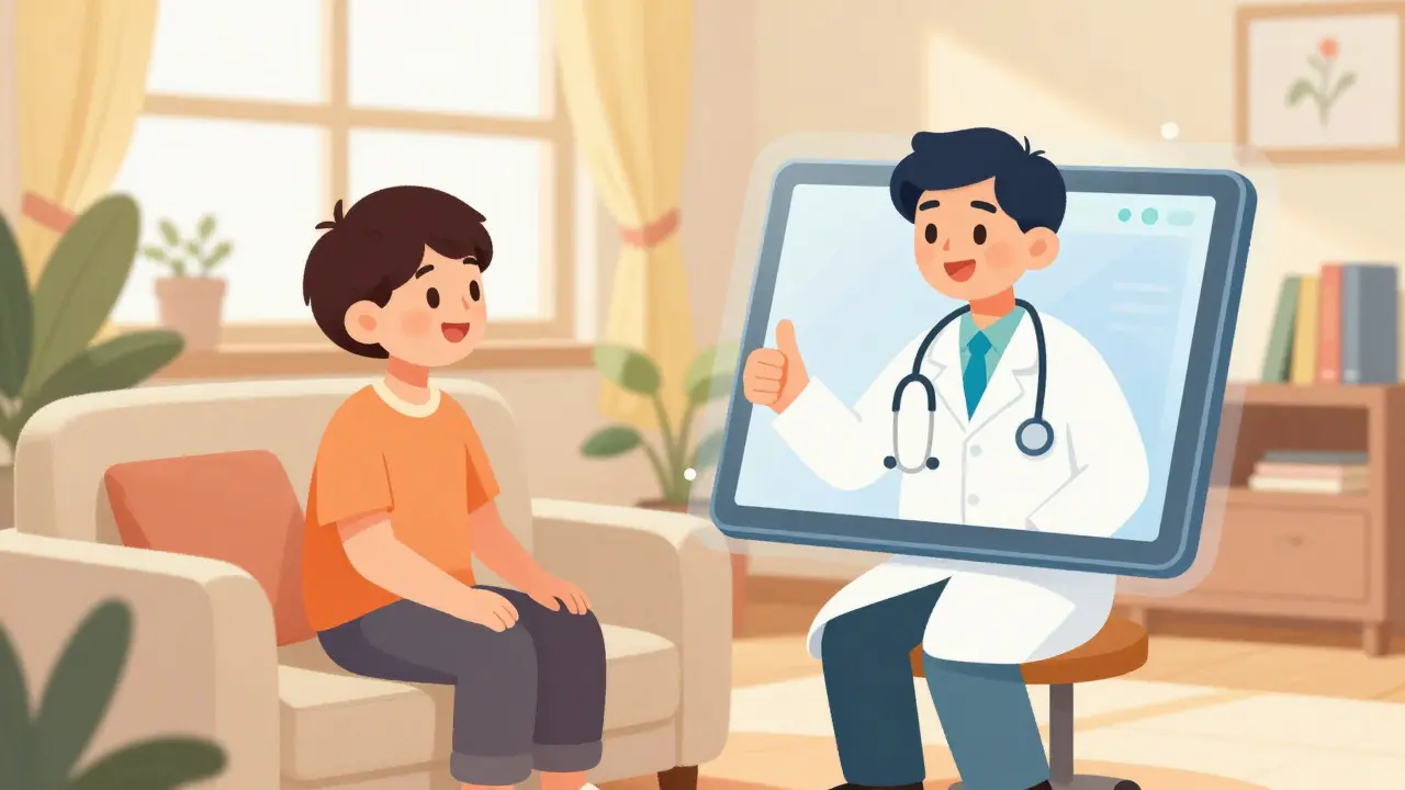 Man smiling at tablet during telemedicine visit in sunny living room