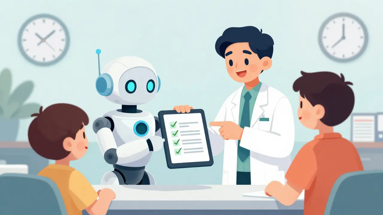 Robot assistant helping pharmacist verify medication recalls
