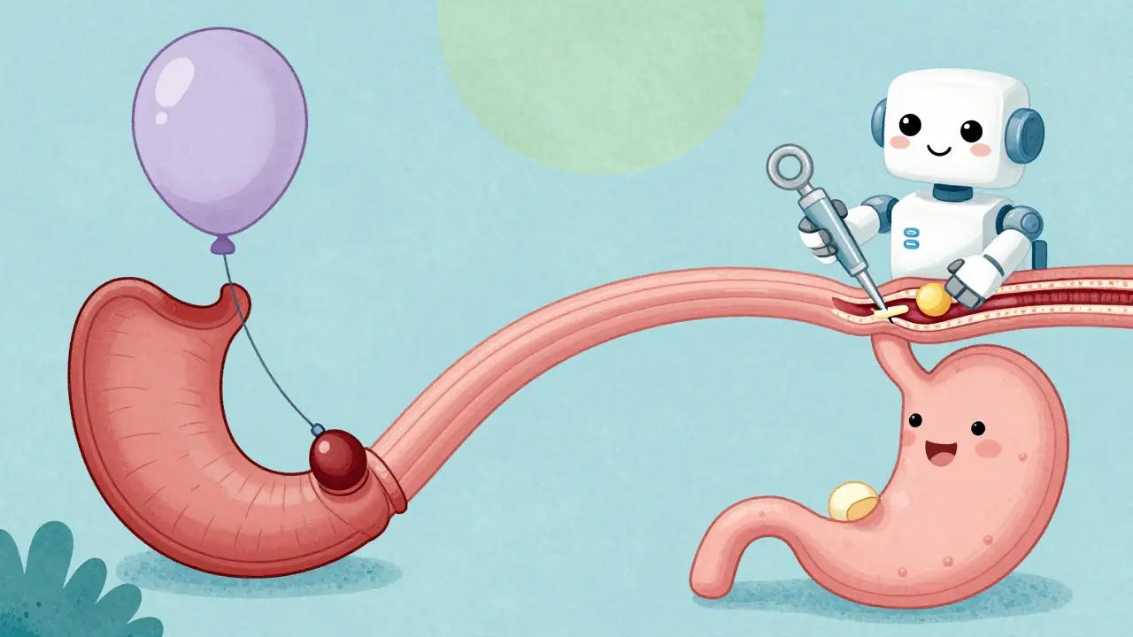 Whimsical drawing of medical treatments opening the esophageal pathway