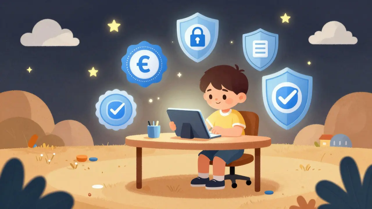 Cartoon character safely browsing online pharmacy on tablet