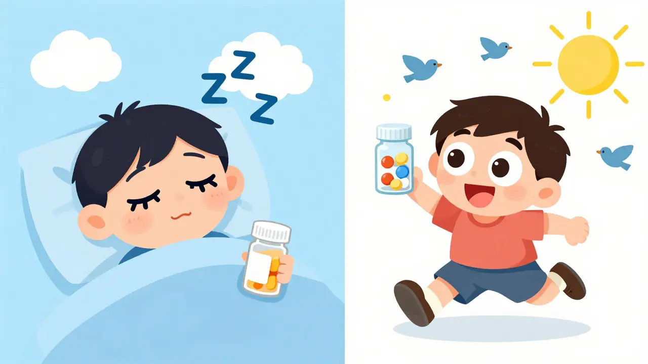 Cartoon comparison of sleepy vs energetic effects of antihistamines