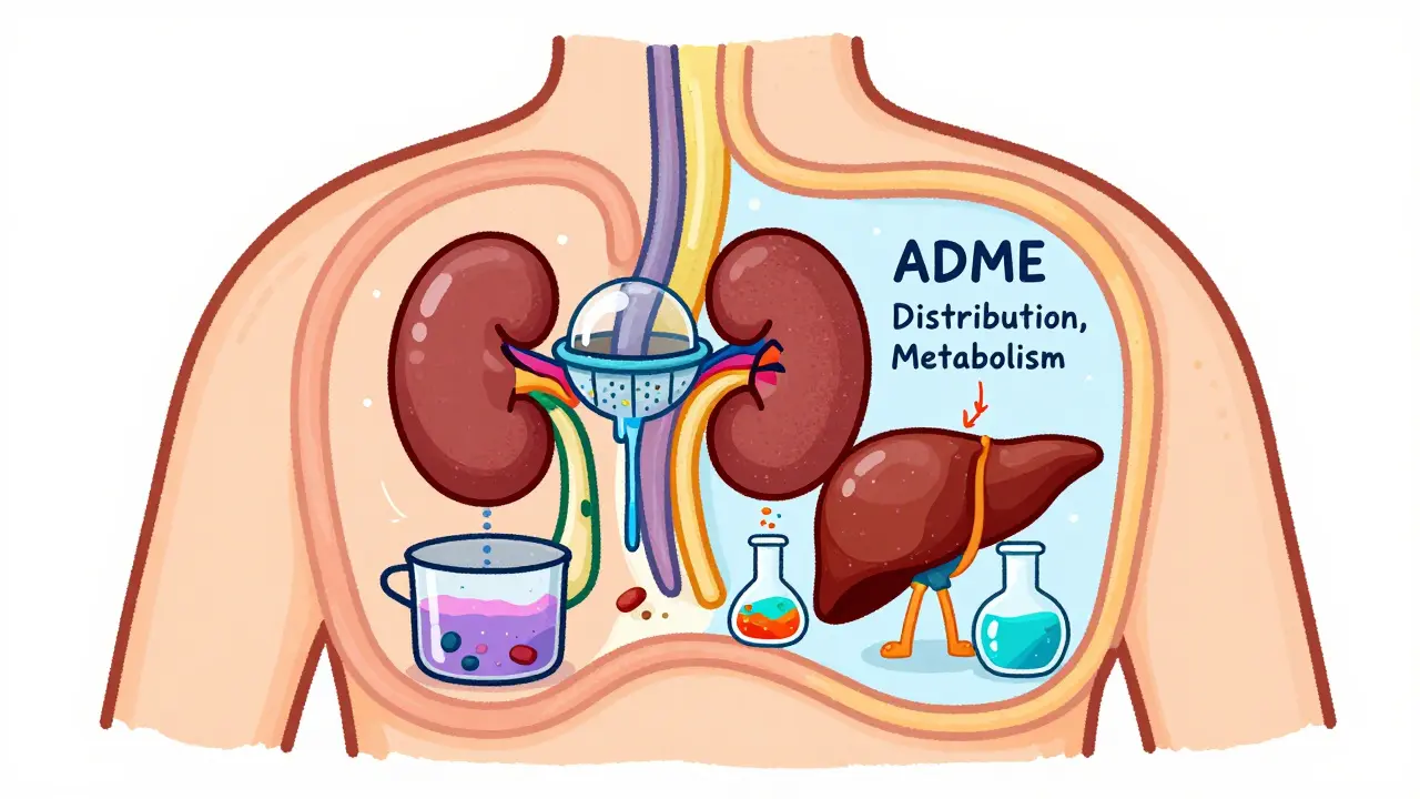 Cartoon kidneys and liver processing medication inside a body