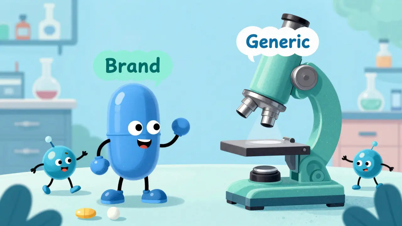 Cartoon pills being compared under a microscope with friendly molecules nearby