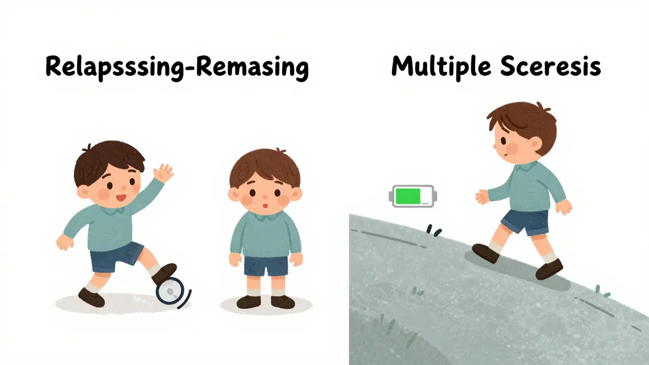 Cartoon showing different progression patterns of multiple sclerosis