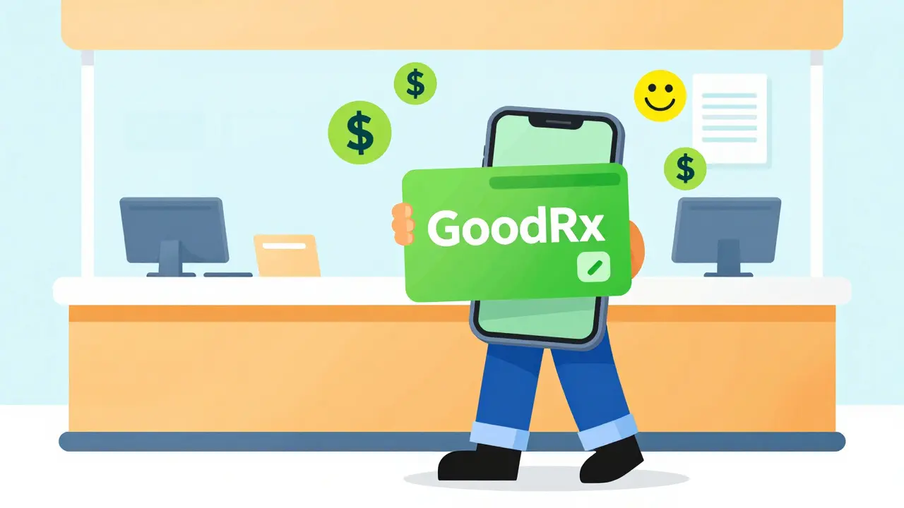Character using phone discount card at pharmacy counter