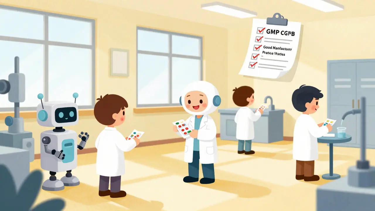 Clean factory scene with workers and robots ensuring drug quality standards