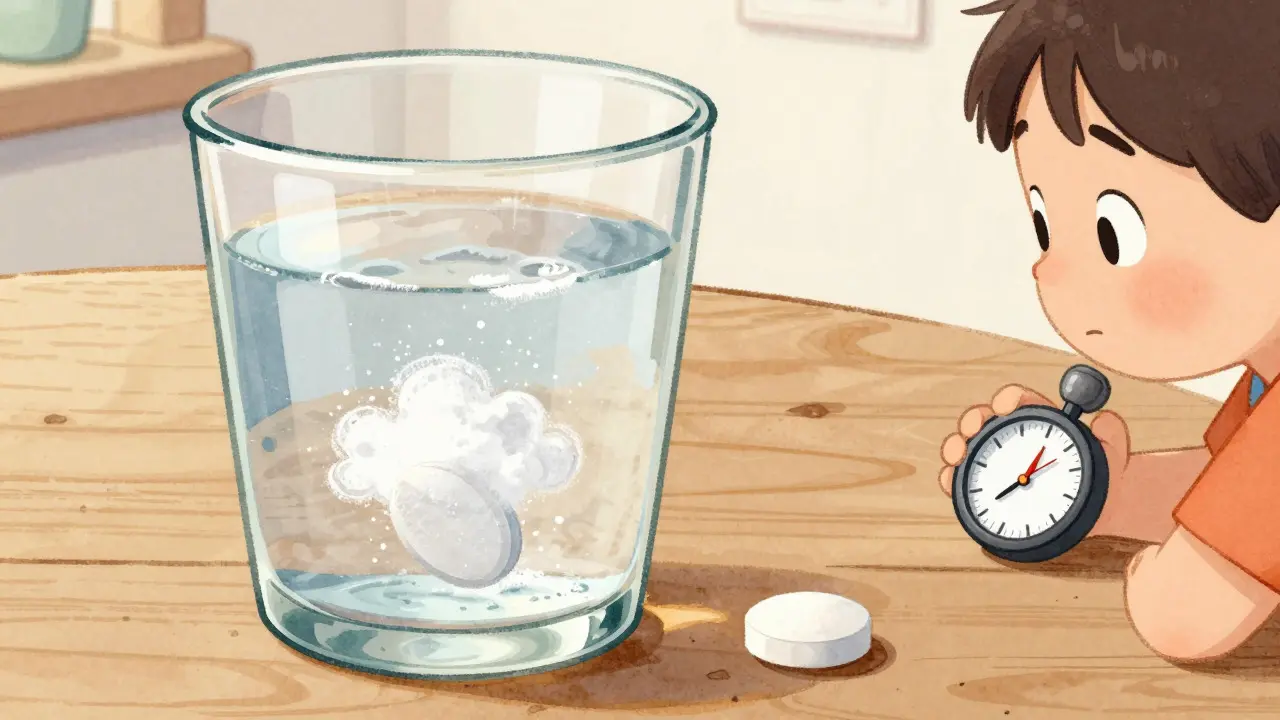 Close up of a pill dissolving too fast in water during a home safety test