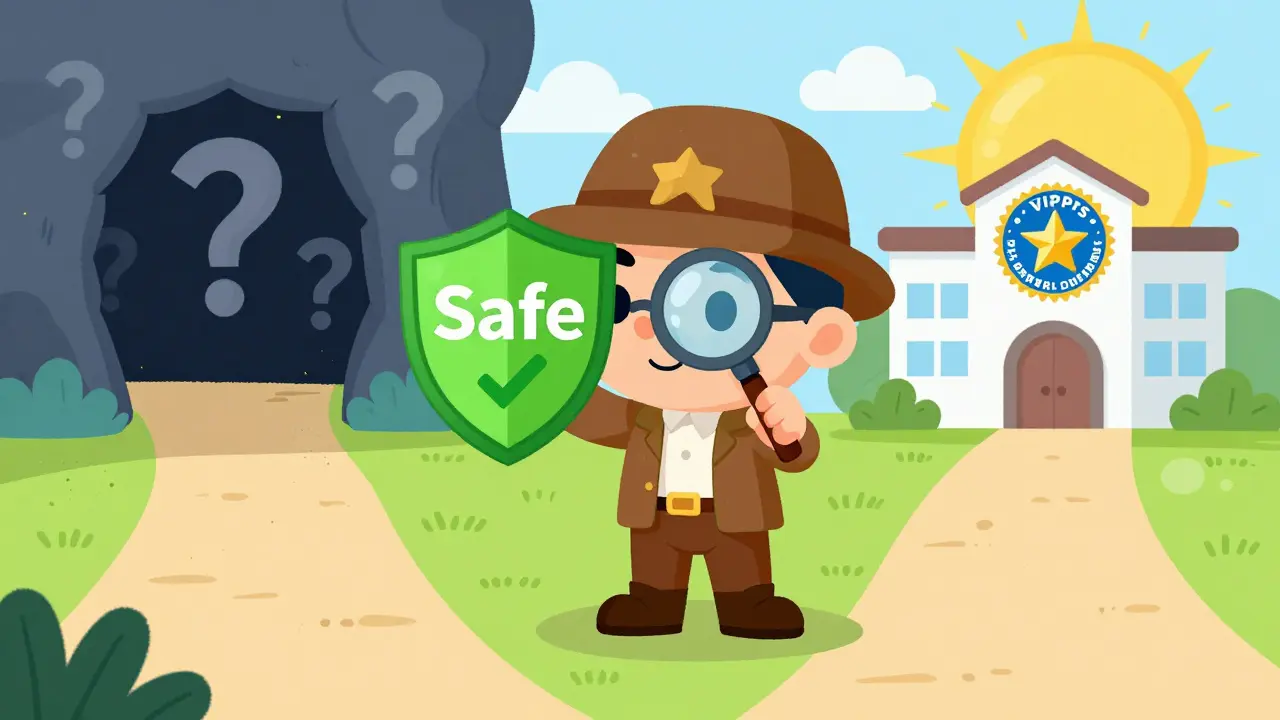 Detective inspecting safe pharmacy choices vs shady scams