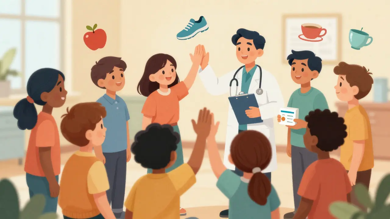 Doctor and patient celebrating success with cessation tools in a supportive, colorful scene.