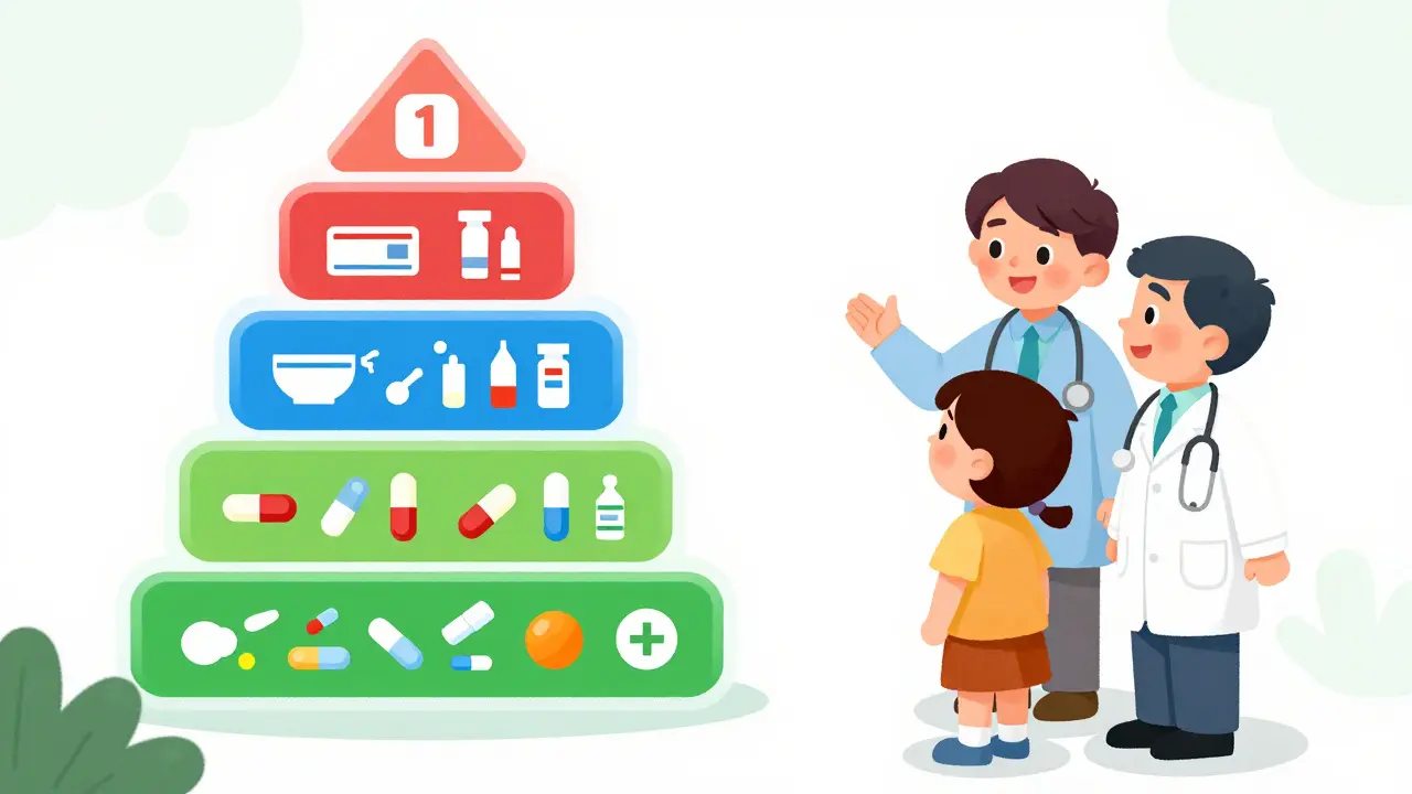 Doctor and patient looking at a colorful tiered ladder of prescription drug costs.