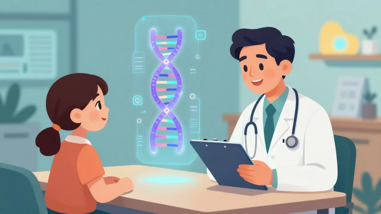Doctor and patient viewing a glowing DNA helix in an office