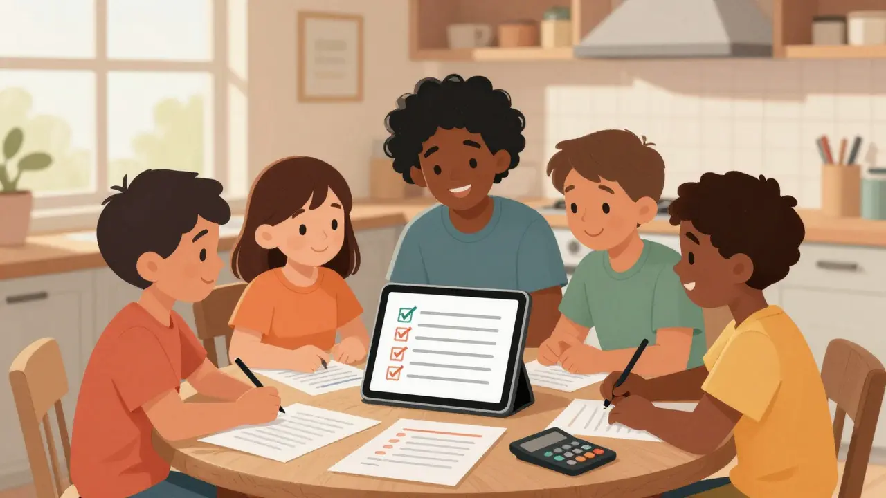 Family happily reviewing healthcare plan checklist and savings at a kitchen table.