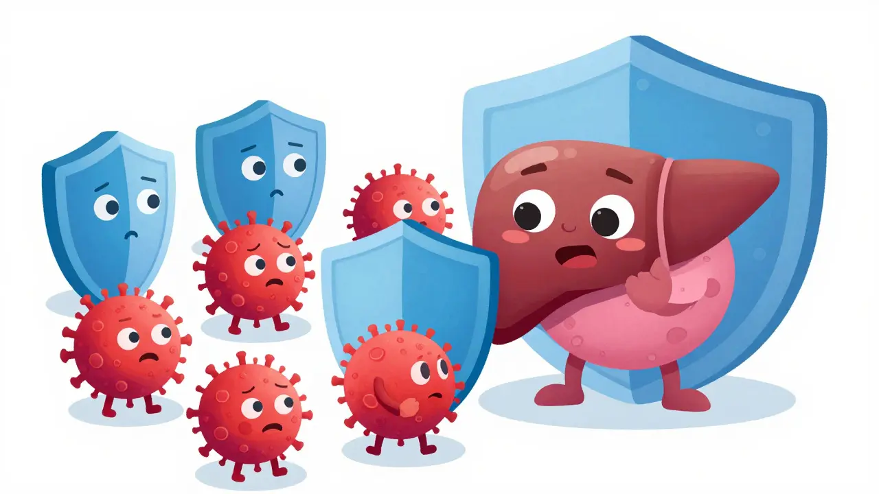 Friendly pills blocking cute virus characters near a healthy liver