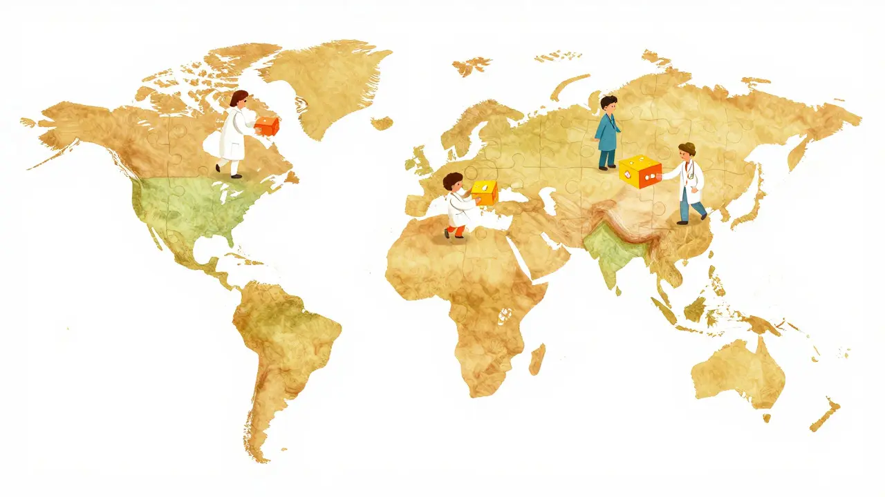 Global map puzzle with people sharing medicine across borders