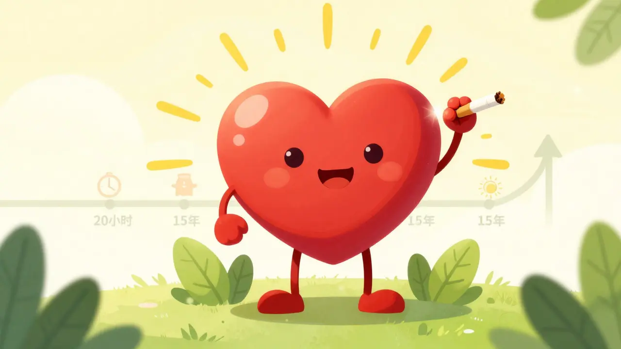 Glowing, happy heart character surrounded by sunlight and leaves, symbolizing recovery.