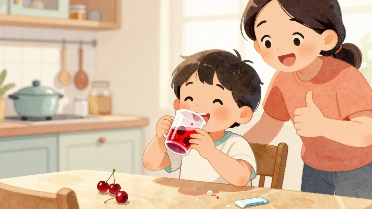 Happy child drinking flavored medicine with relieved parent