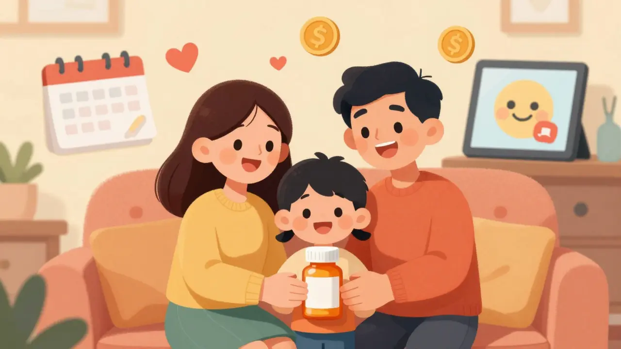 Happy family holding affordable generic medication