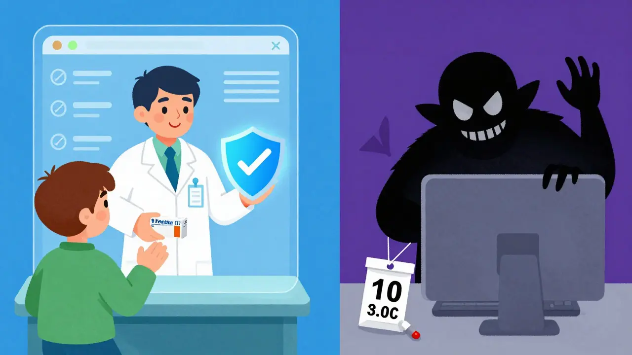 Illustration comparing a safe verified pharmacy vs a shady online scammer