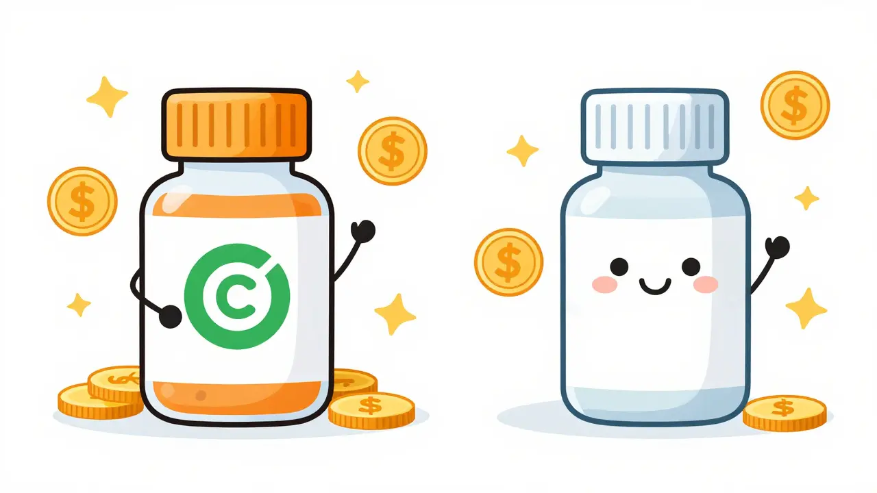 Illustration comparing branded and generic pill bottles with coins