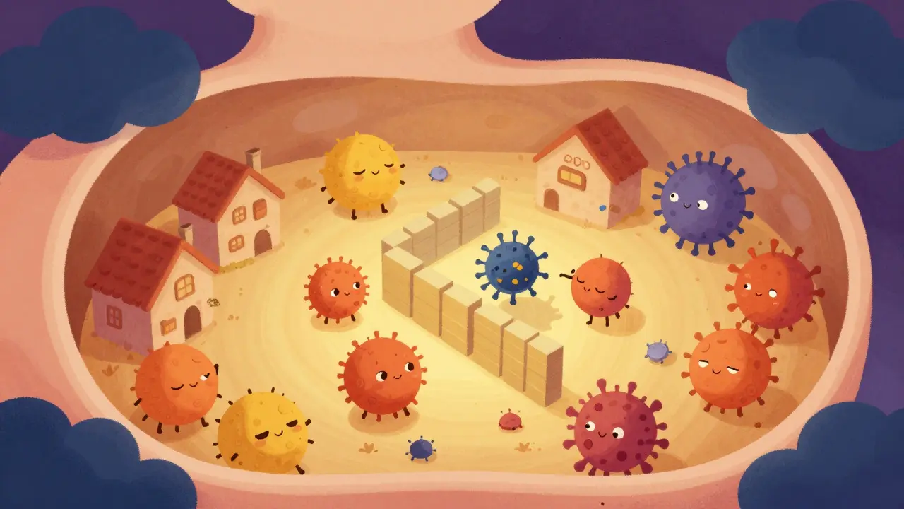 Illustration of immune cells fighting viruses amidst suppressing medication clouds.