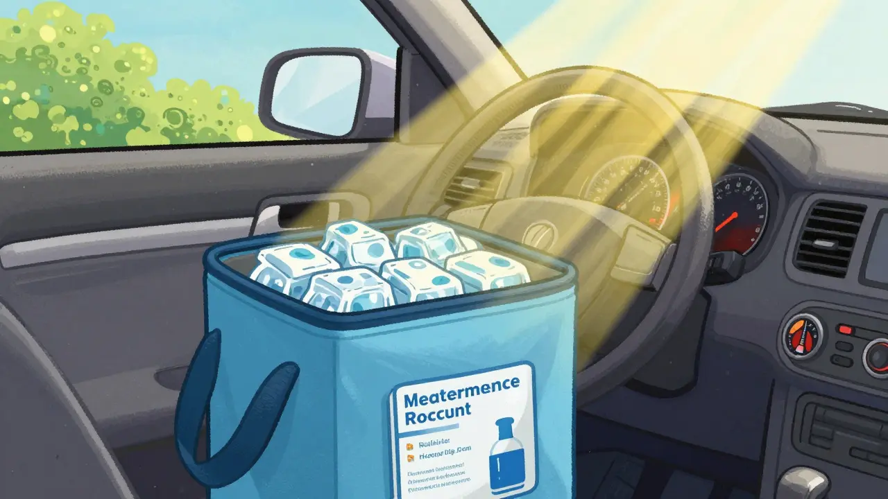 Insulated bag protecting emergency meds from heat in a car interior
